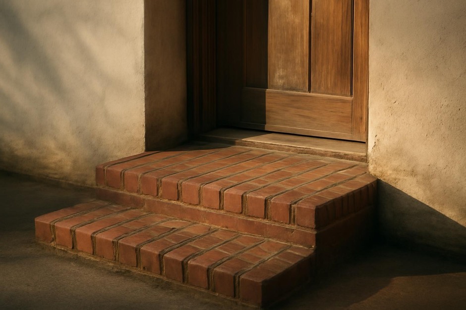 A worn brick stoop and wooden door threshold bathed in late afternoon light