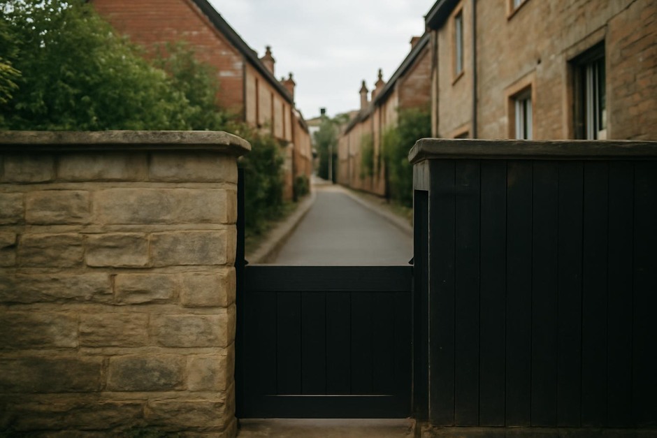 A low garden wall and gate framing a view down a narrow street
