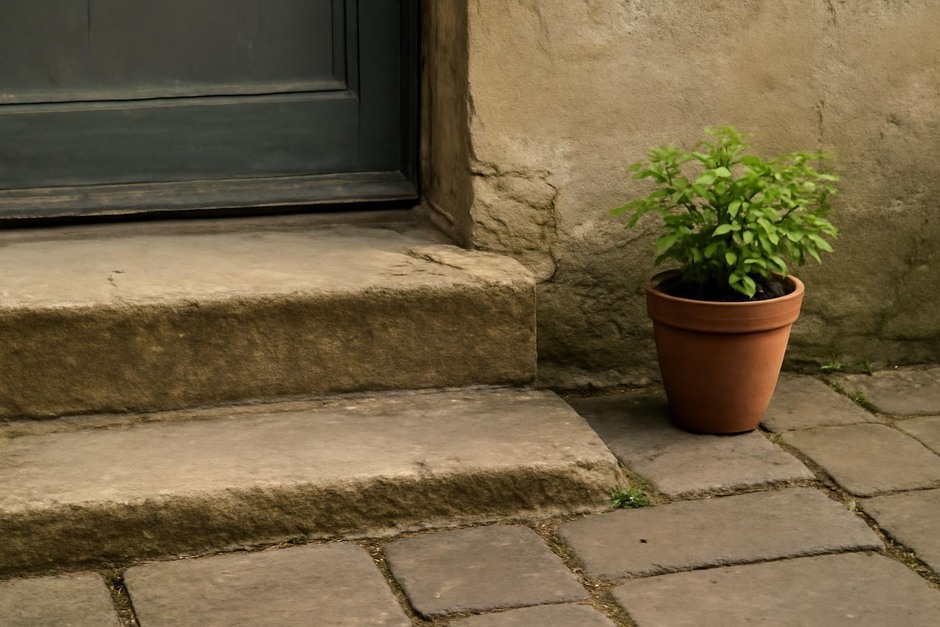 Close-up of a worn doorstep and adjacent paving with a small potted plant
